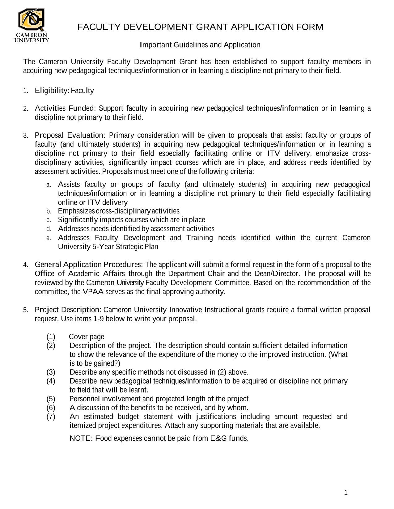 FACULTY DEVELOPMENT GRANT APPLICATION FORM screenshot