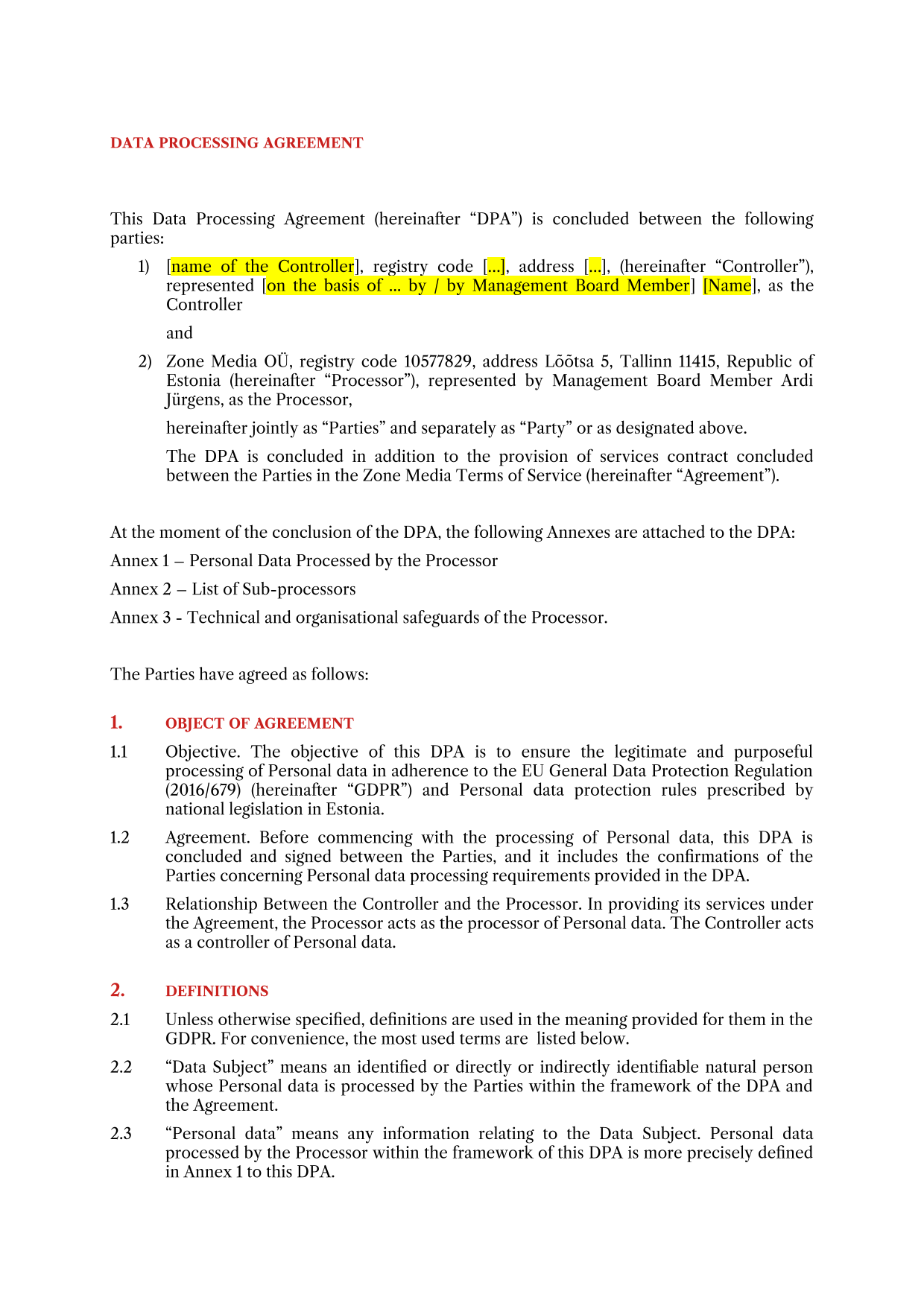 Data Processing Agreement screenshot