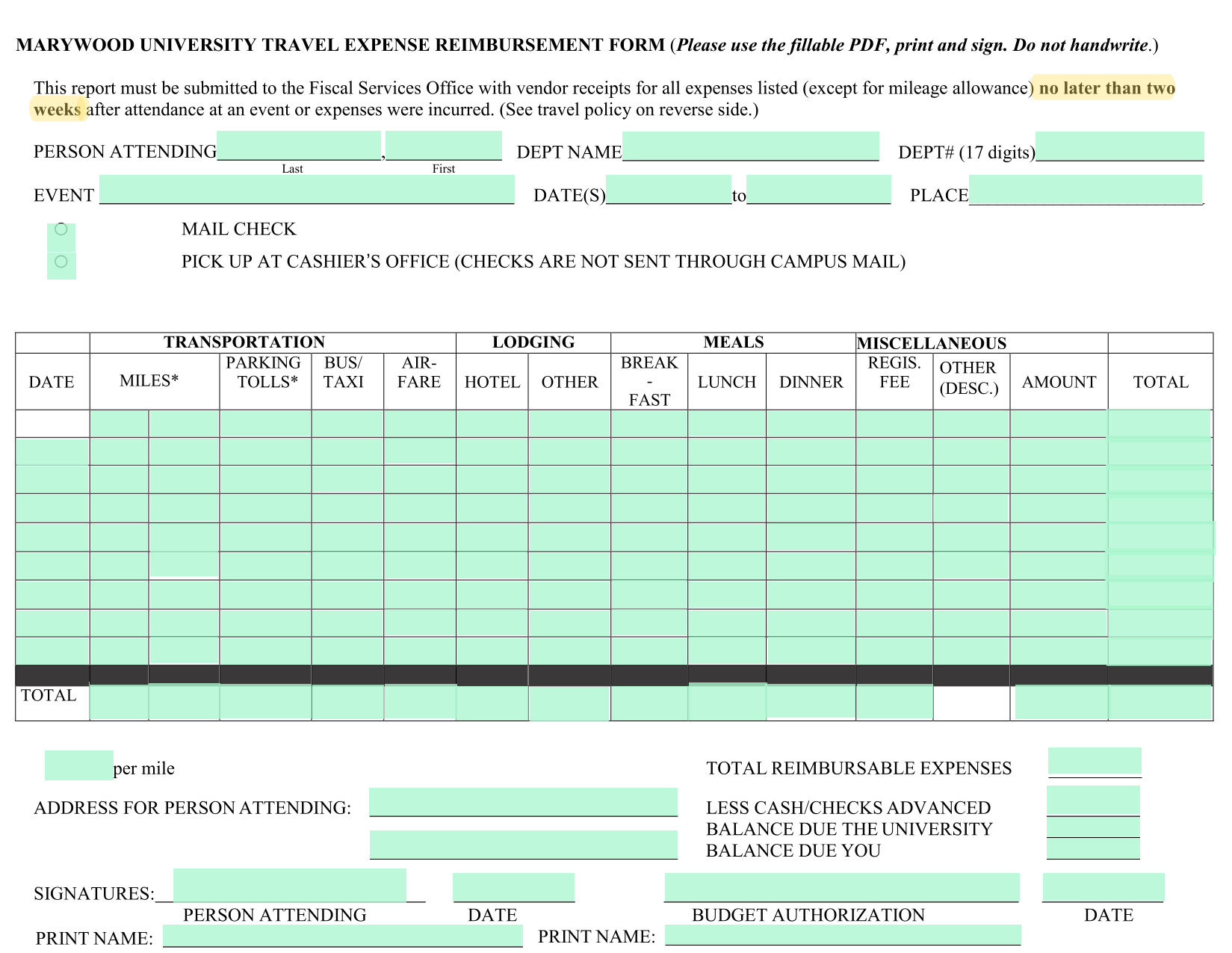 Marywood University Travel Expense Reimbursement Form screenshot