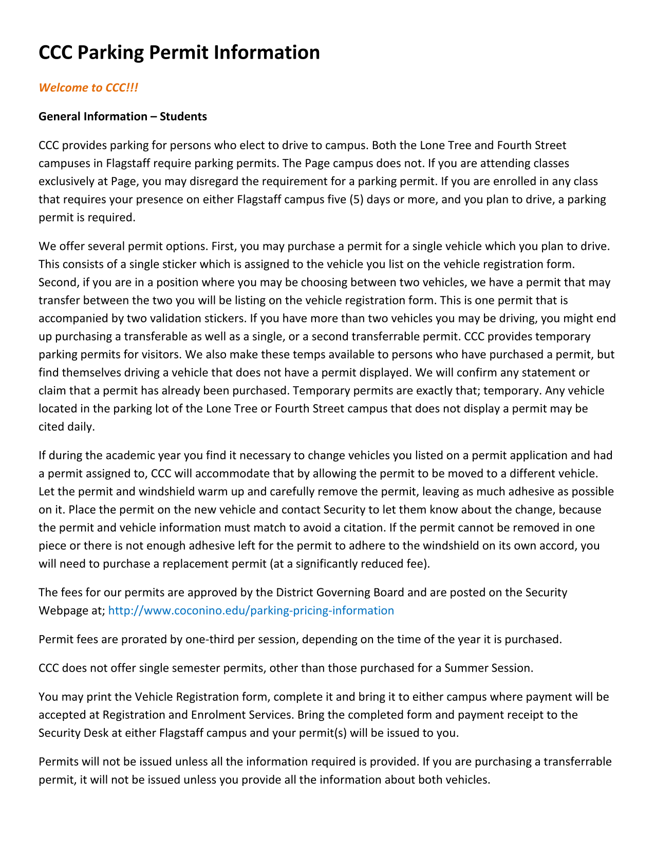 CCC Parking Permit Information screenshot
