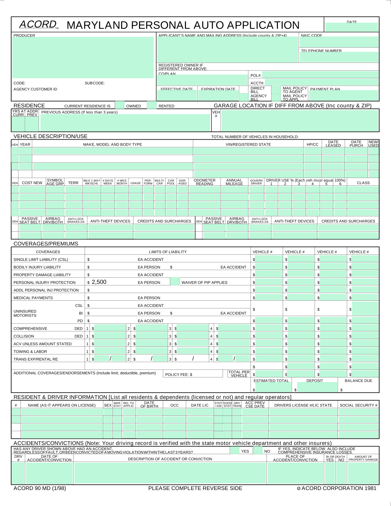 Maryland Personal Auto Application (ACORD 90 MD) screenshot
