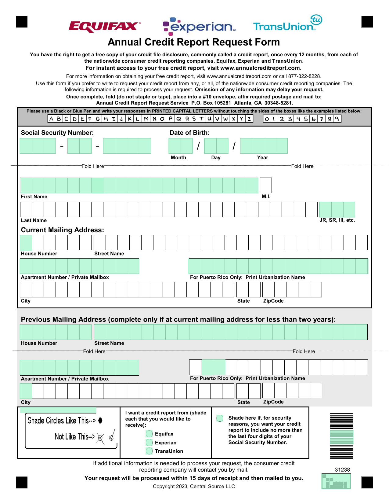 Annual Credit Report Request Form screenshot