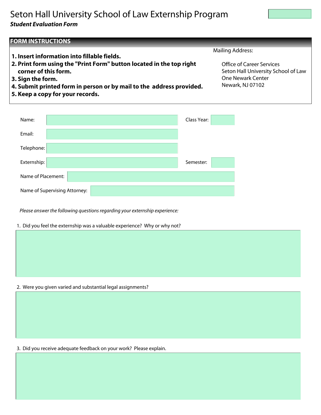 Seton Hall University School Of Law Externship Program Student Evaluation Form screenshot