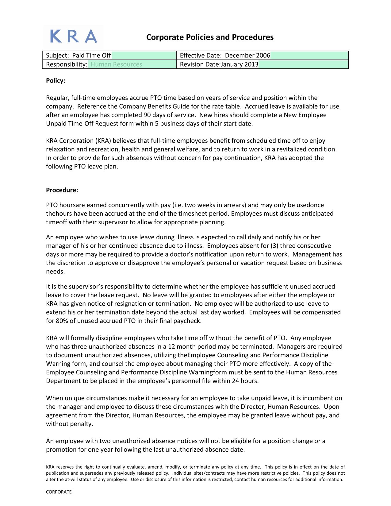 Paid Time Off Policy screenshot
