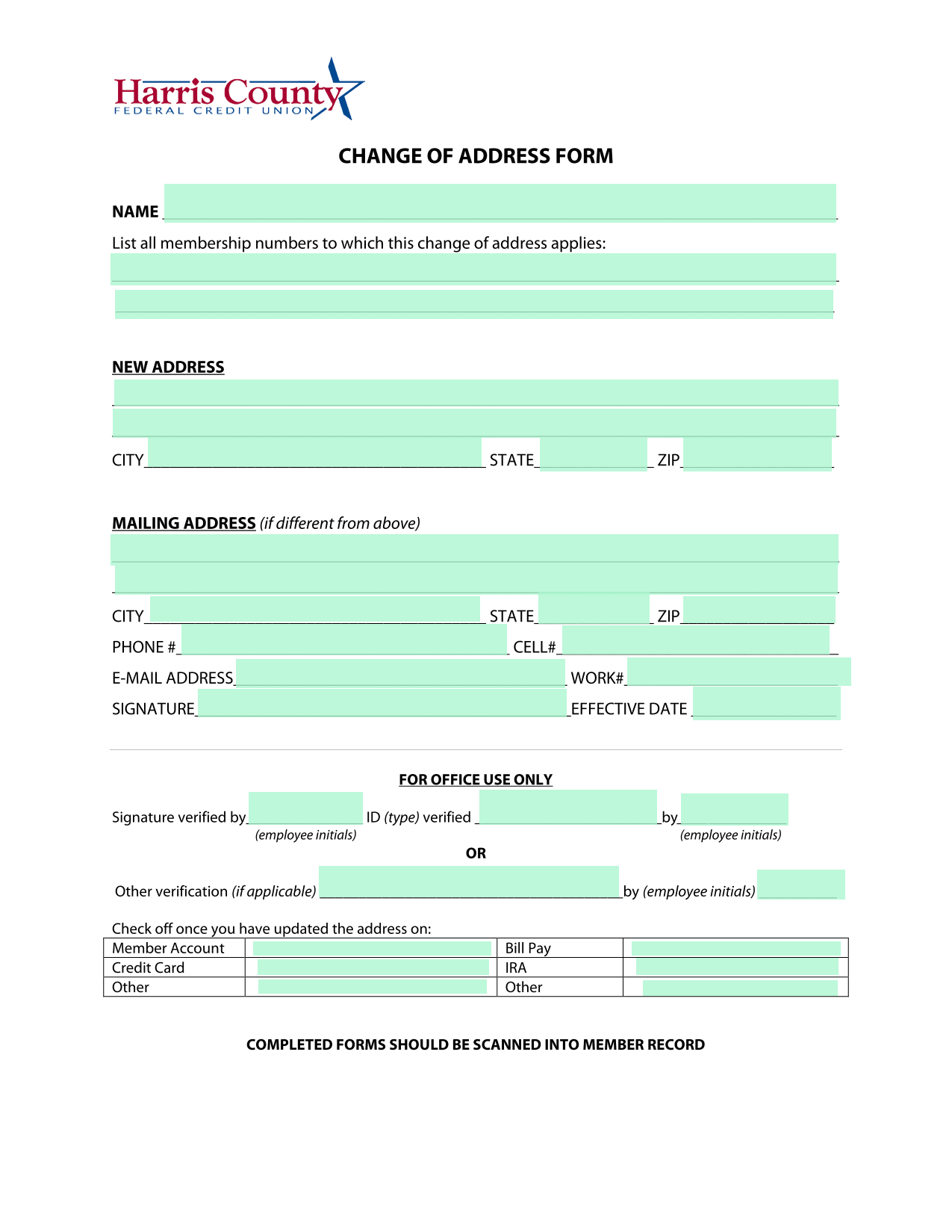 Change Of Address Form screenshot