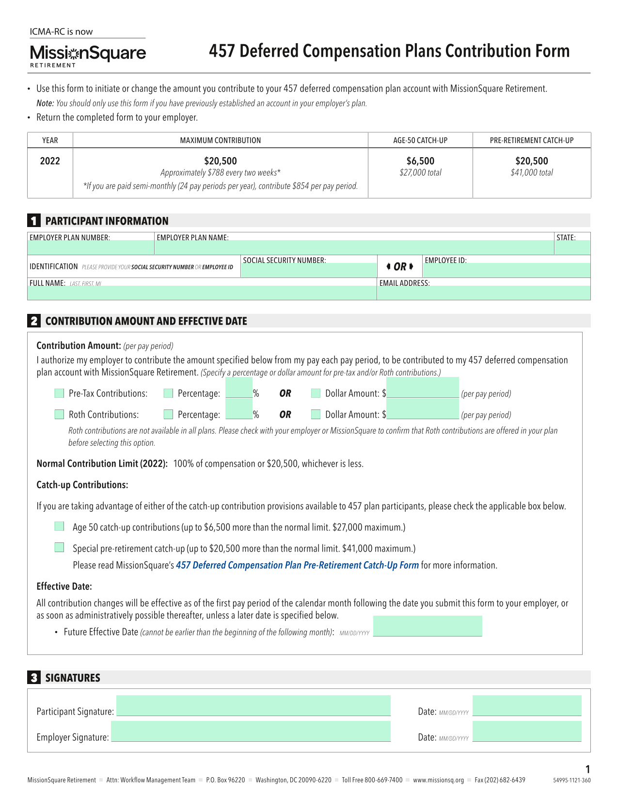 457 Deferred Compensation Plans Contribution Form screenshot