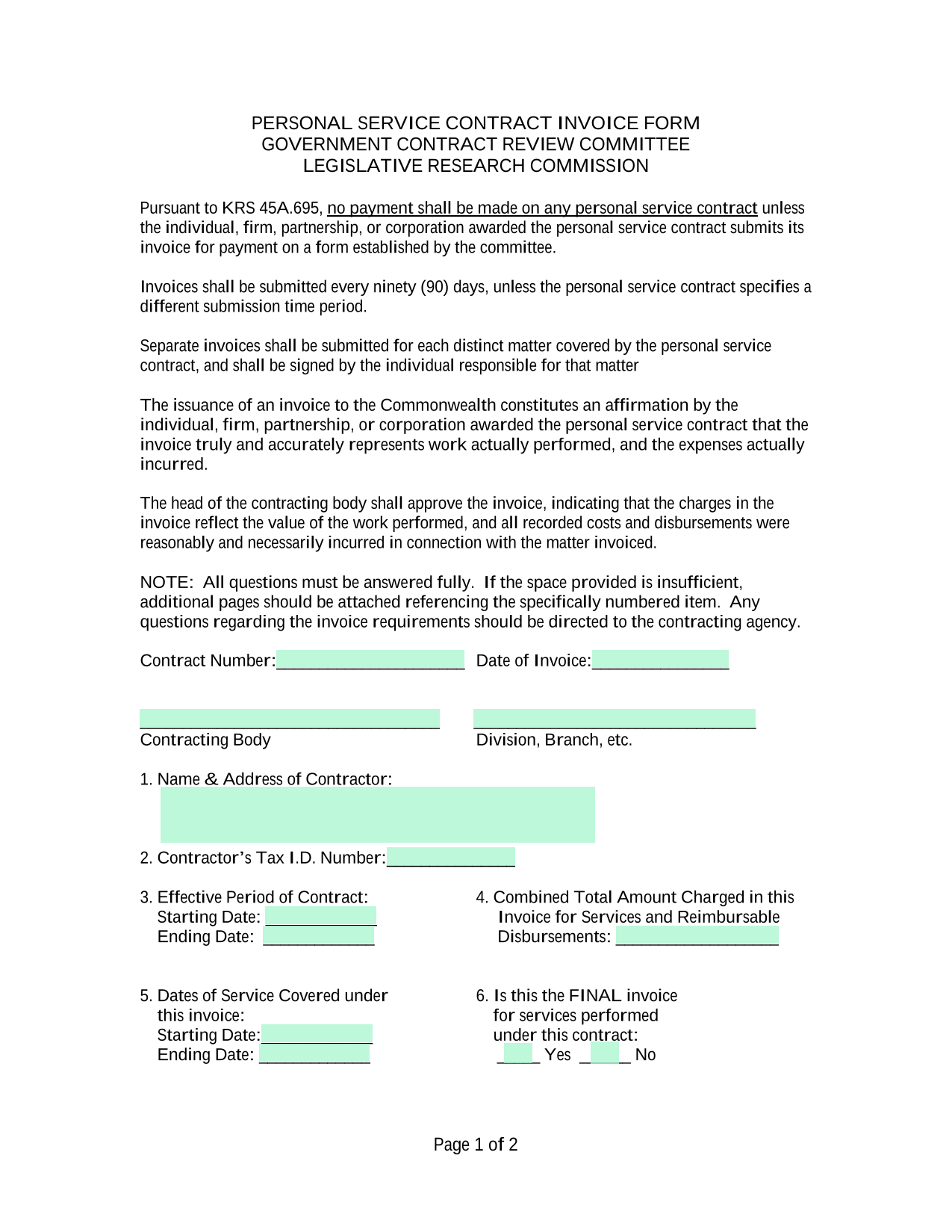 PERSONAL SERVICE CONTRACT INVOICE FORM screenshot