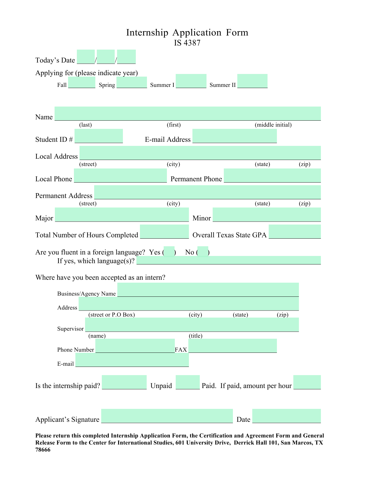 Internship Application Form screenshot