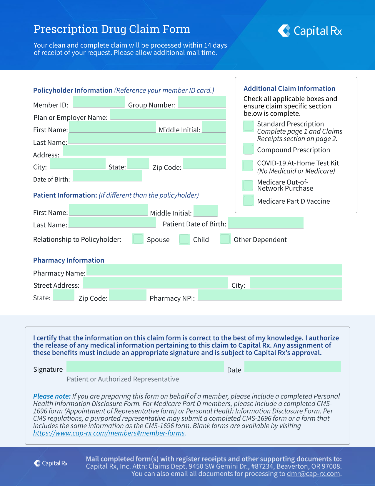 Prescription Drug Claim Form screenshot
