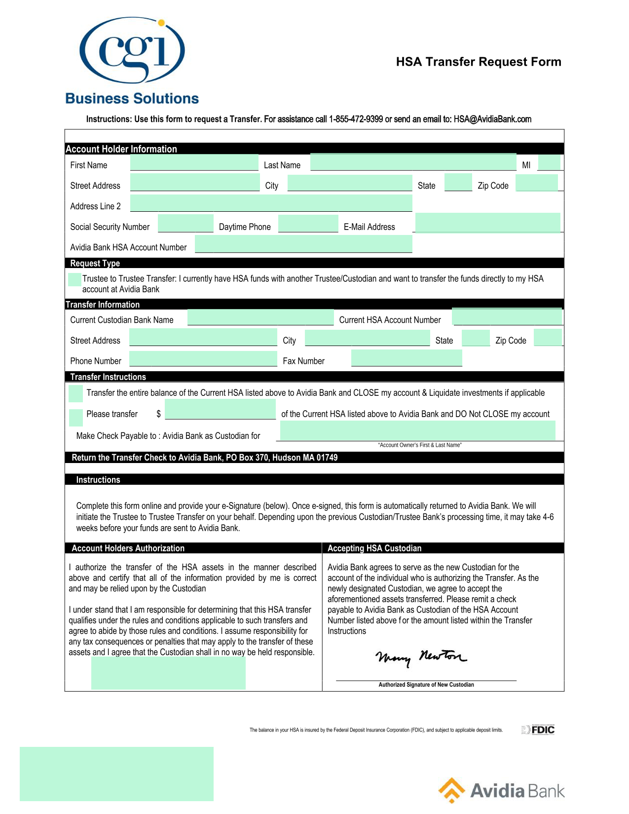 HSA Transfer Request Form screenshot