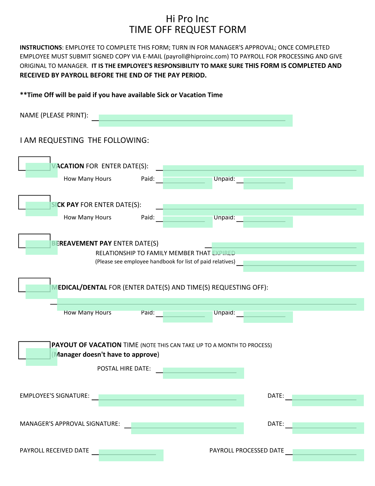Time Off Request Form screenshot