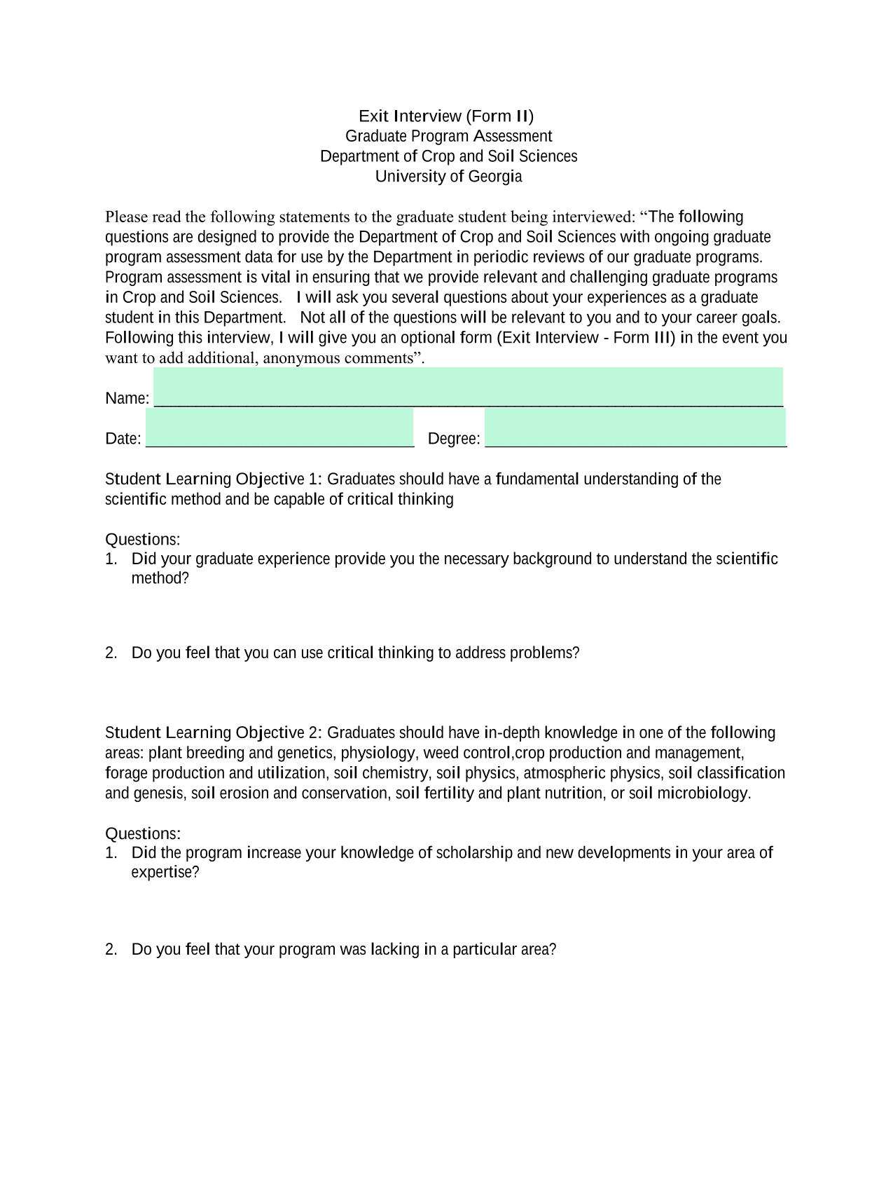 Exit Interview (Form II) Graduate Program Assessment screenshot