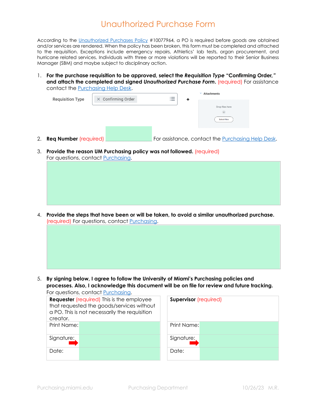 Unauthorized Purchase Form screenshot