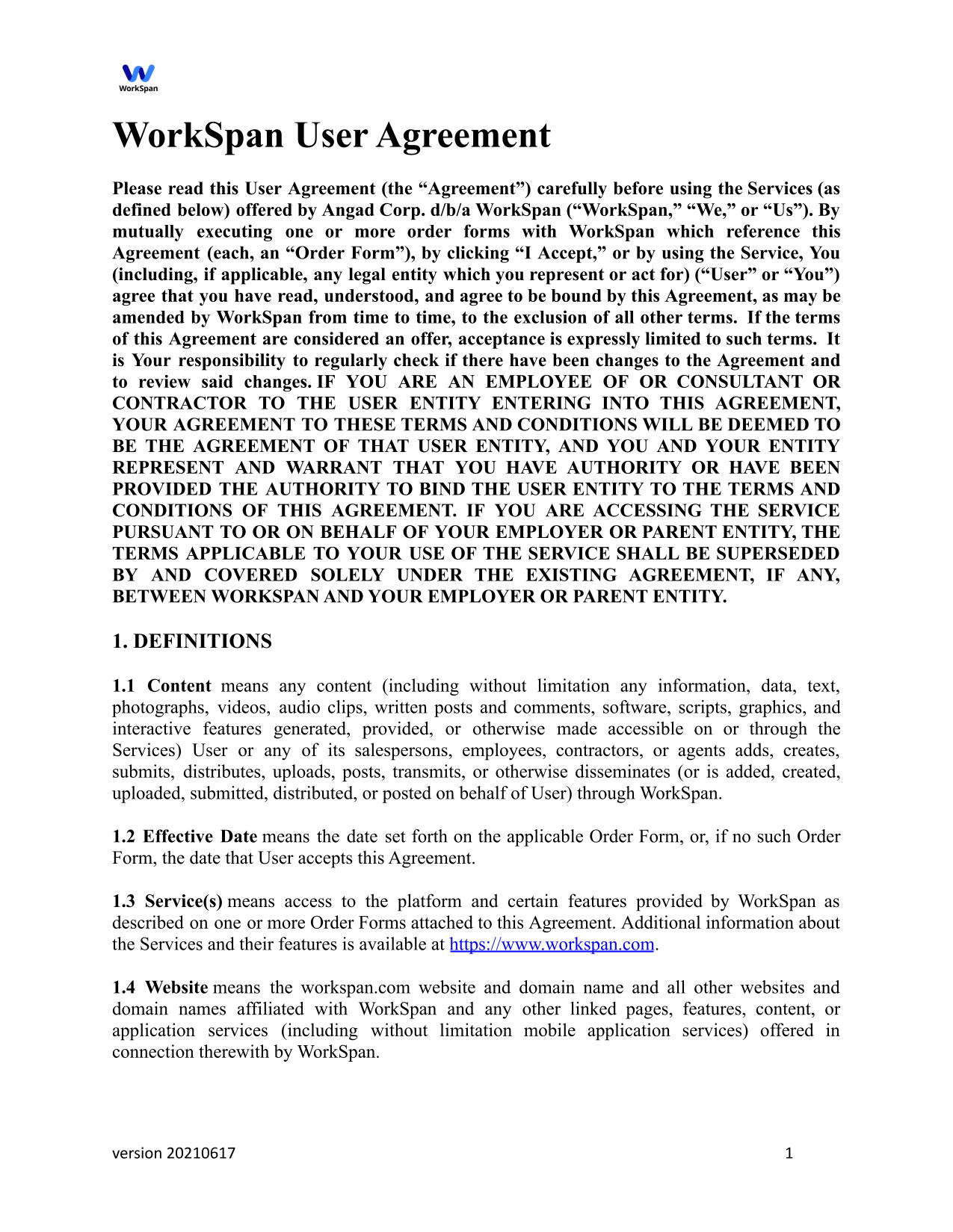 WorkSpan User Agreement screenshot
