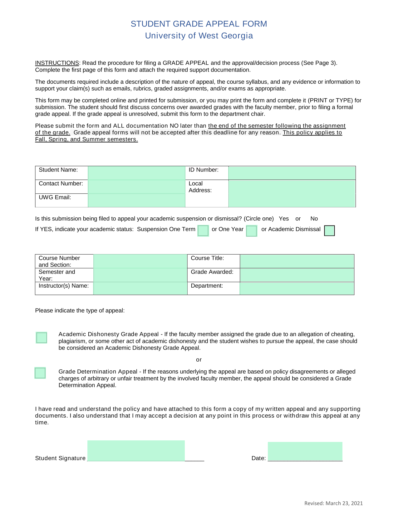 Student Grade Appeal Form screenshot
