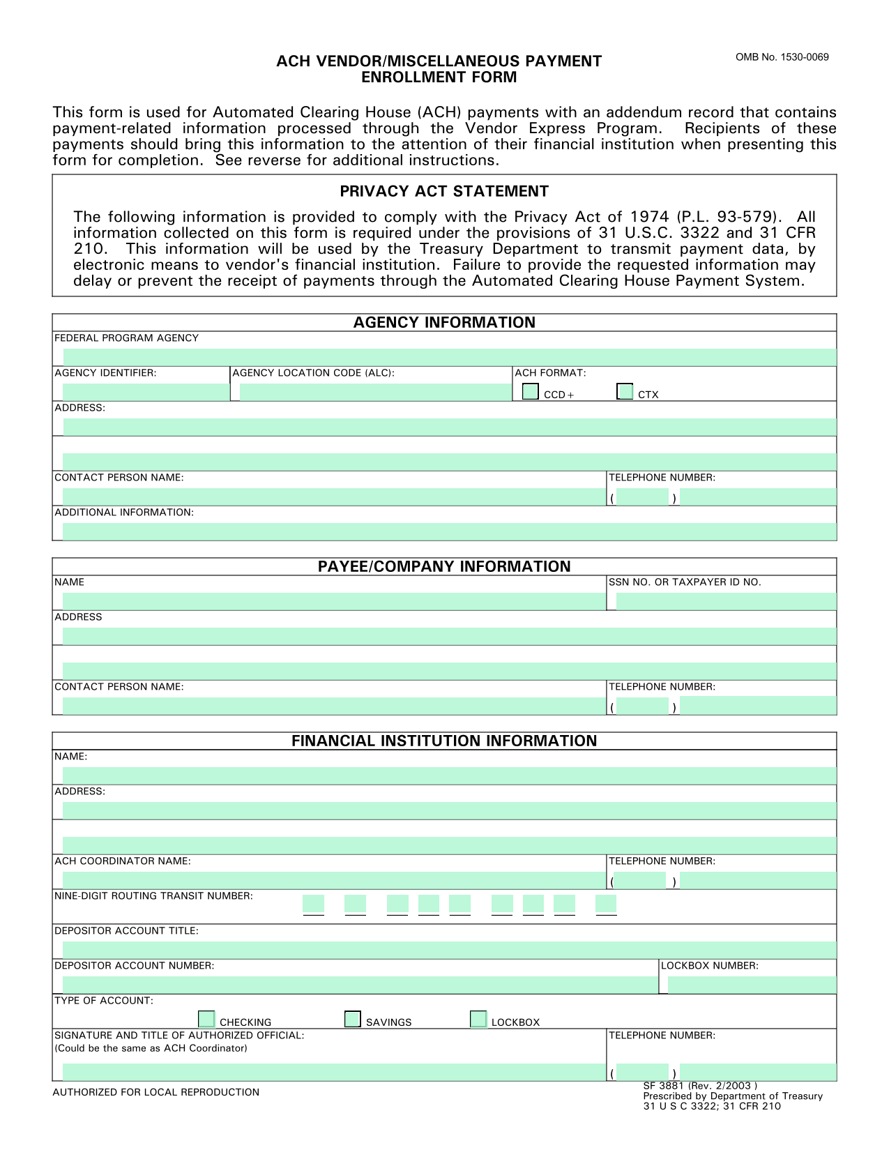 ACH VENDORMISCELLANEOUS PAYMENT ENROLLMENT FORM screenshot