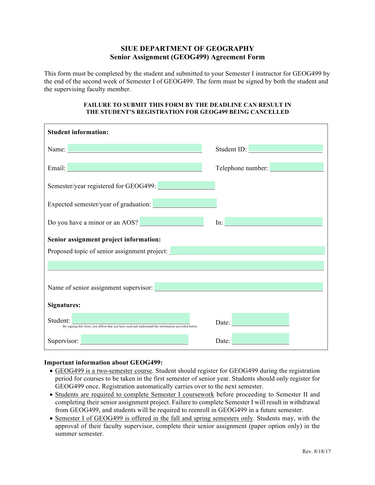 SIUE DEPARTMENT OF GEOGRAPHY Senior Assignment (GEOG499) Agreement Form screenshot