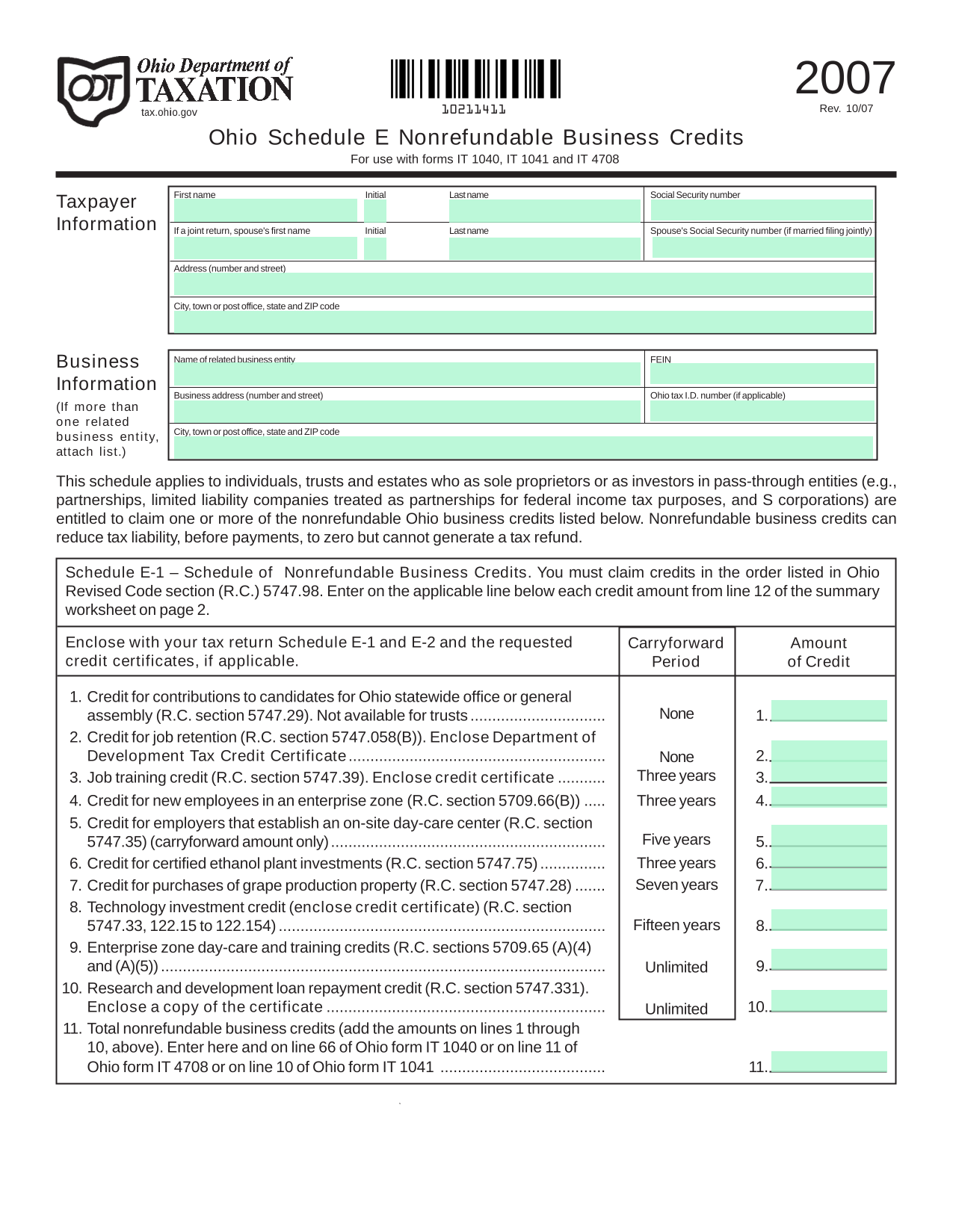 Ohio Schedule E Nonrefundable Business Credits screenshot