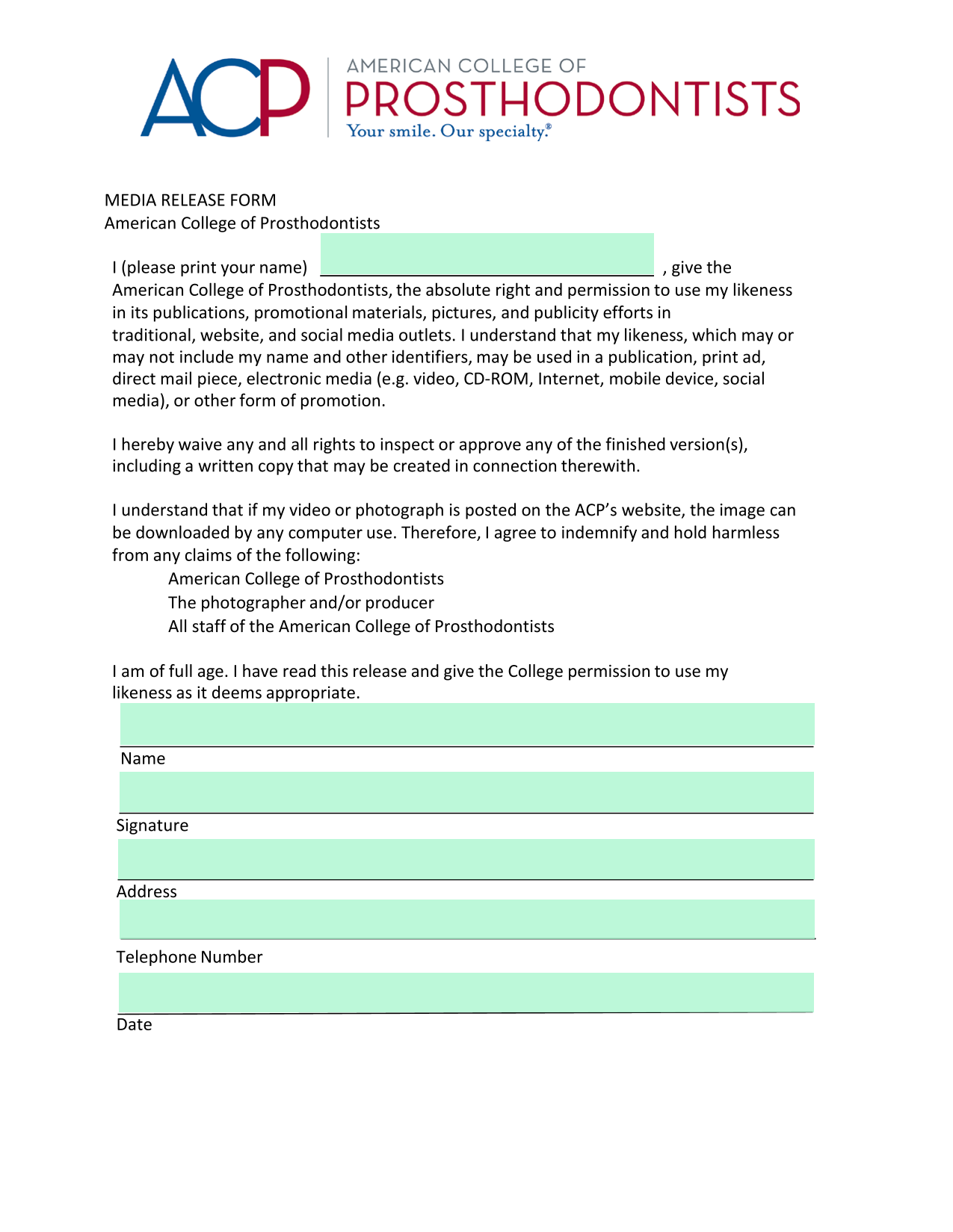Media Release Form screenshot