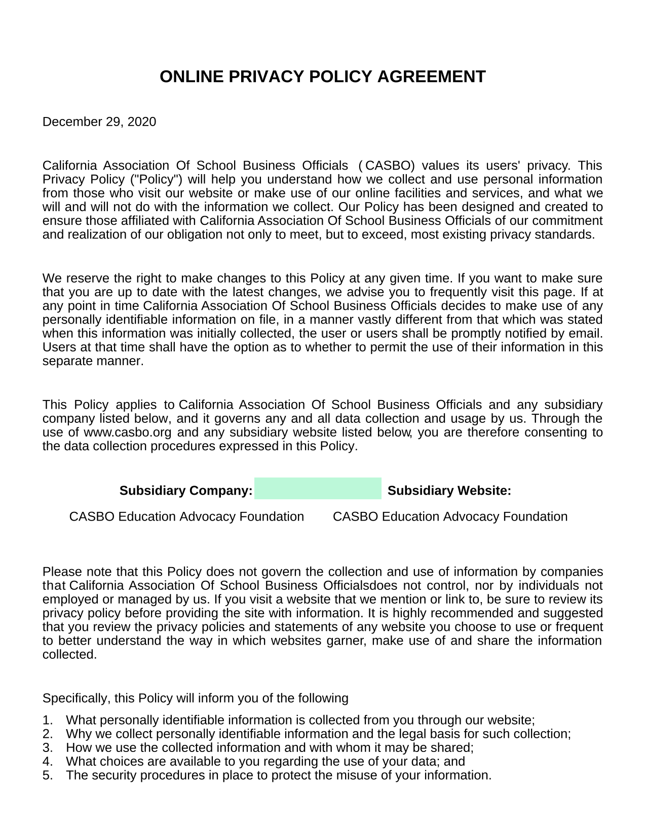 Online Privacy Policy Agreement screenshot