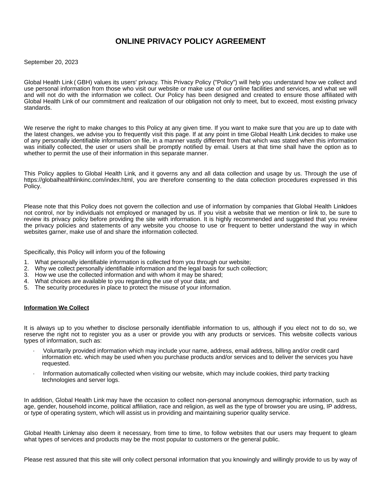 Online Privacy Policy Agreement screenshot