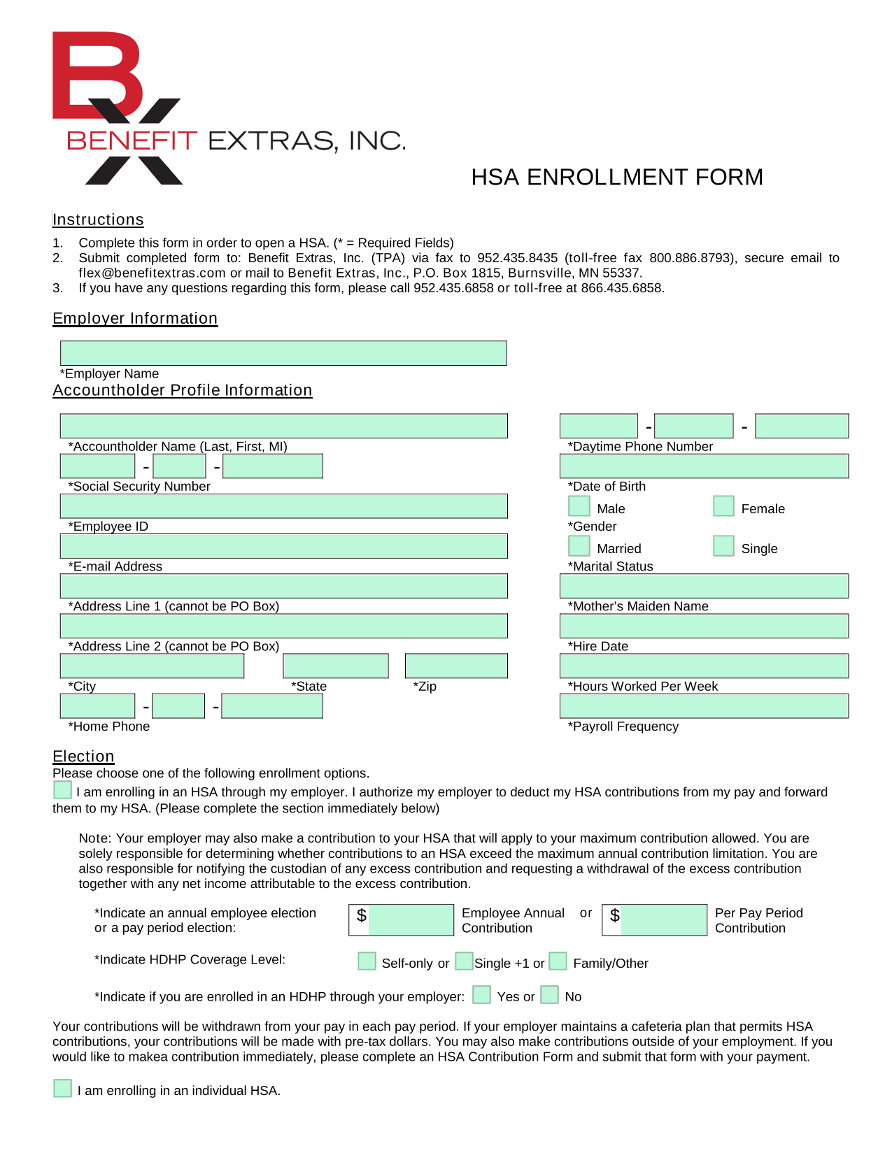 HSA Enrollment Form screenshot