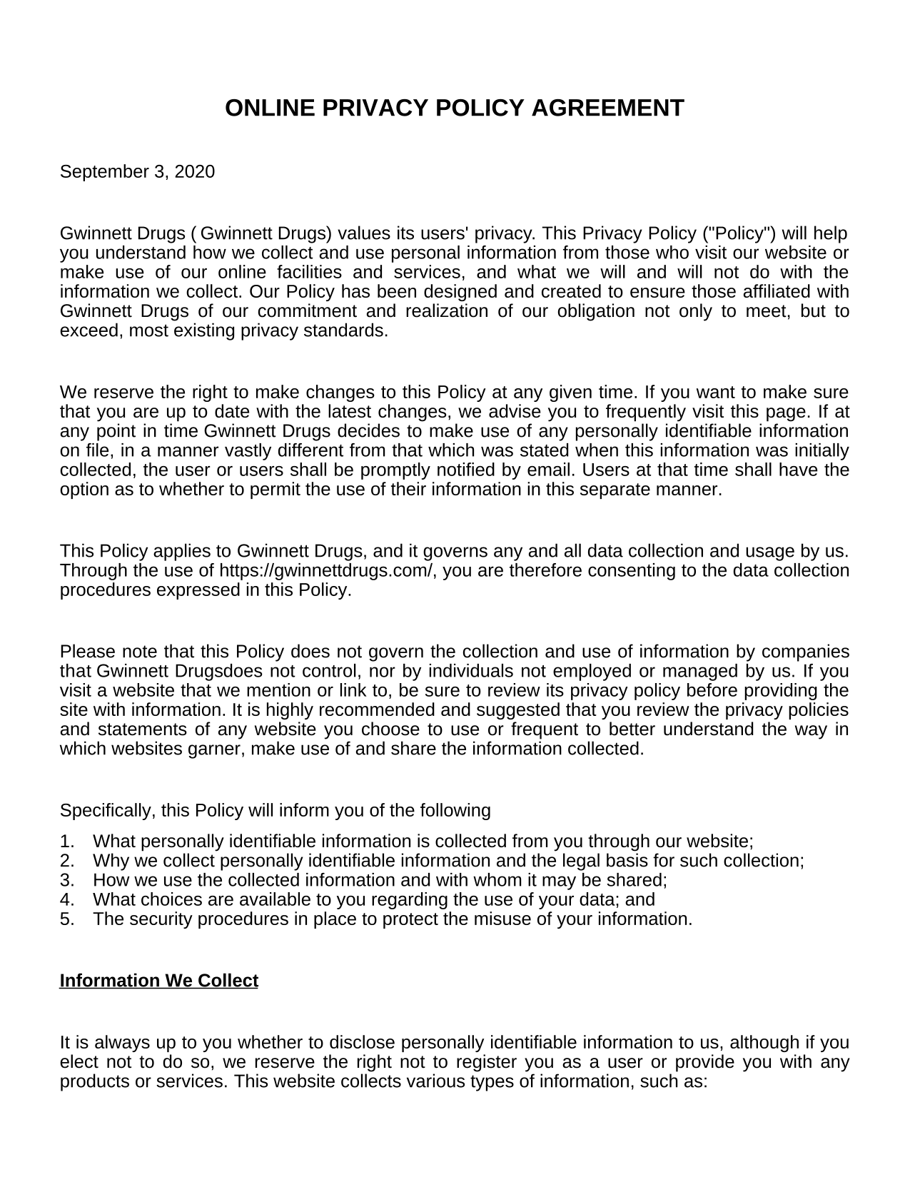 Online Privacy Policy Agreement screenshot