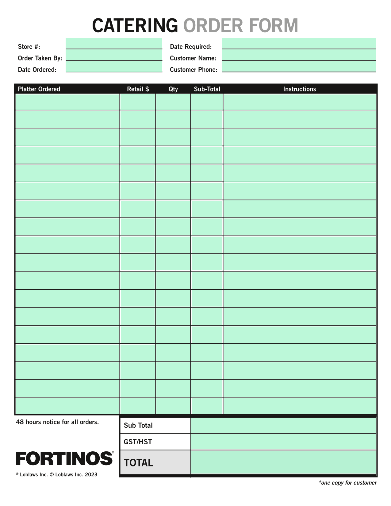 Catering Order Form screenshot