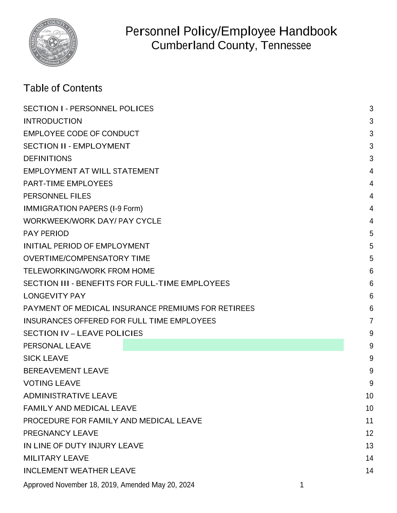 Personnel PolicyEmployee Handbook screenshot