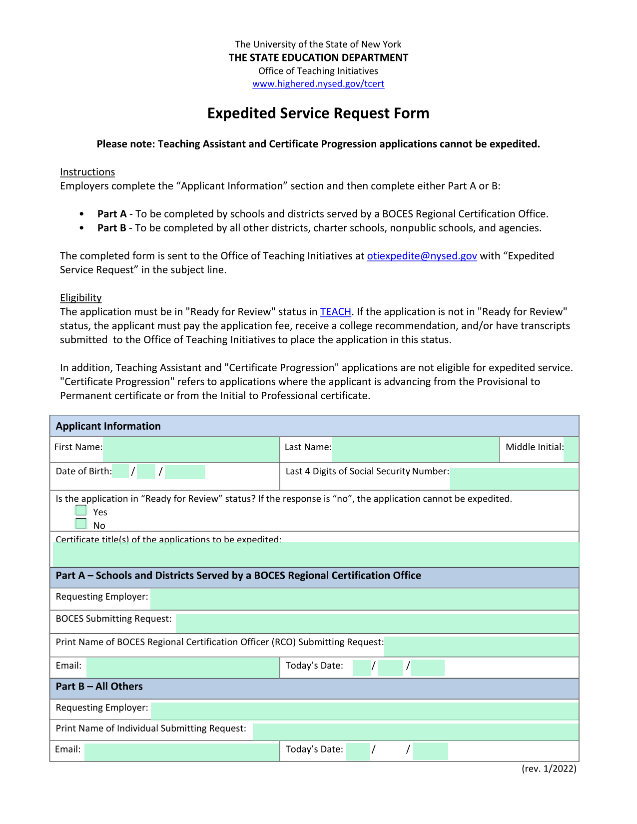 Expedited Service Request Form screenshot