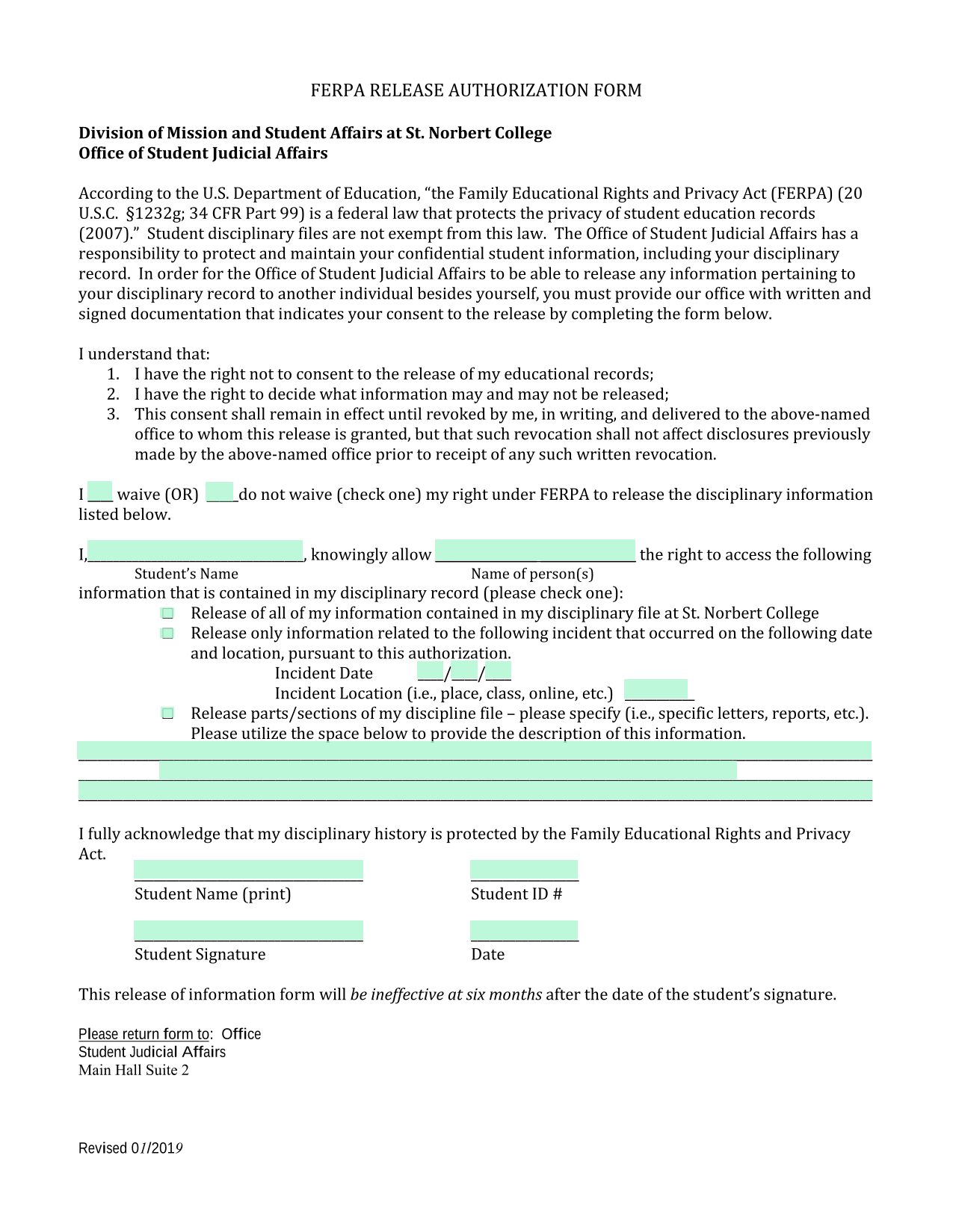 FERPA RELEASE AUTHORIZATION FORM screenshot