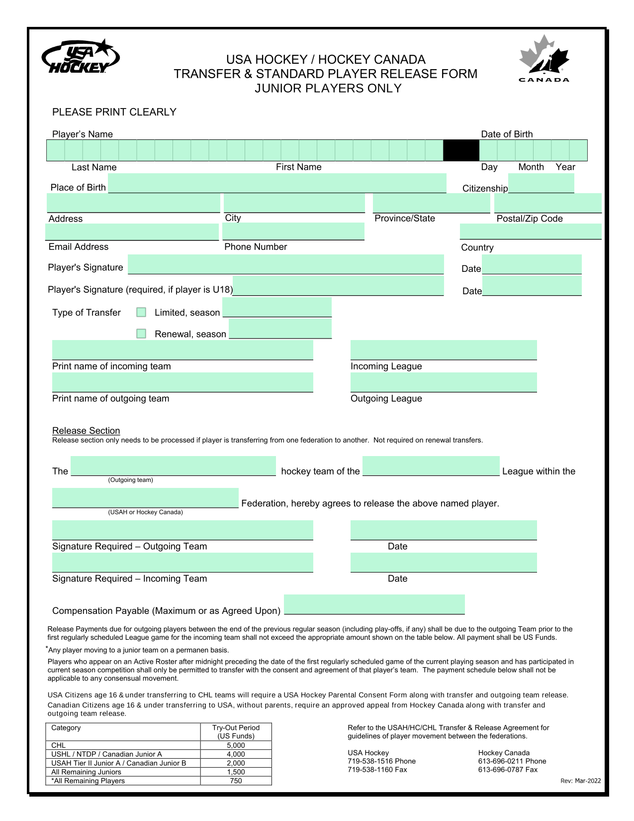 USA HOCKEY  HOCKEY CANADA TRANSFER  STANDARD PLAYER RELEASE FORM screenshot