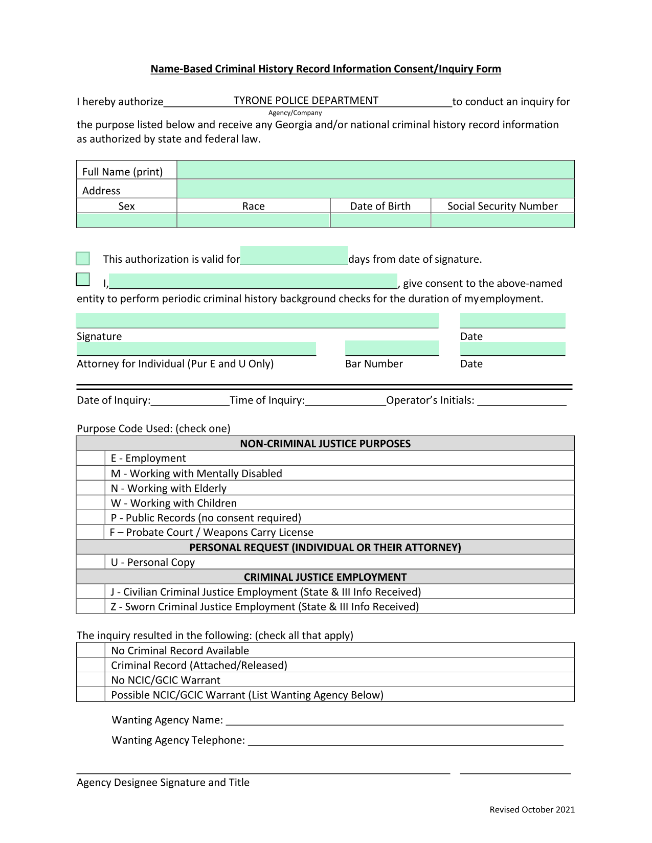 Name Based Criminal History Record Information ConsentInquiry Form screenshot