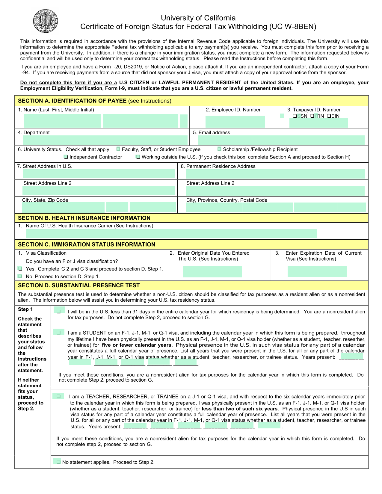 Certificate Of Foreign Status For Federal Tax Withholding (UC W 8BEN) screenshot