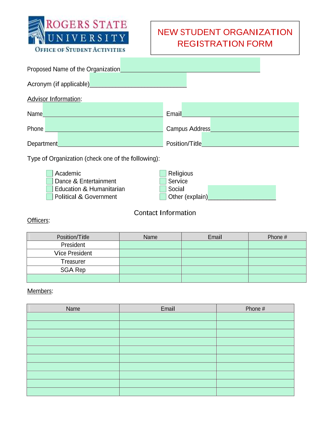 NEW STUDENT ORGANIZATION REGISTRATION FORM screenshot