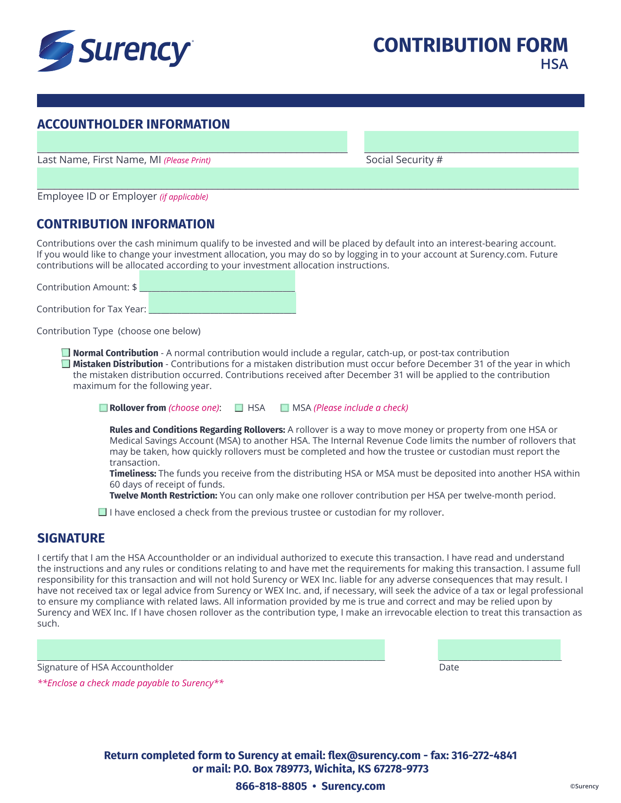HSA Contribution Form screenshot
