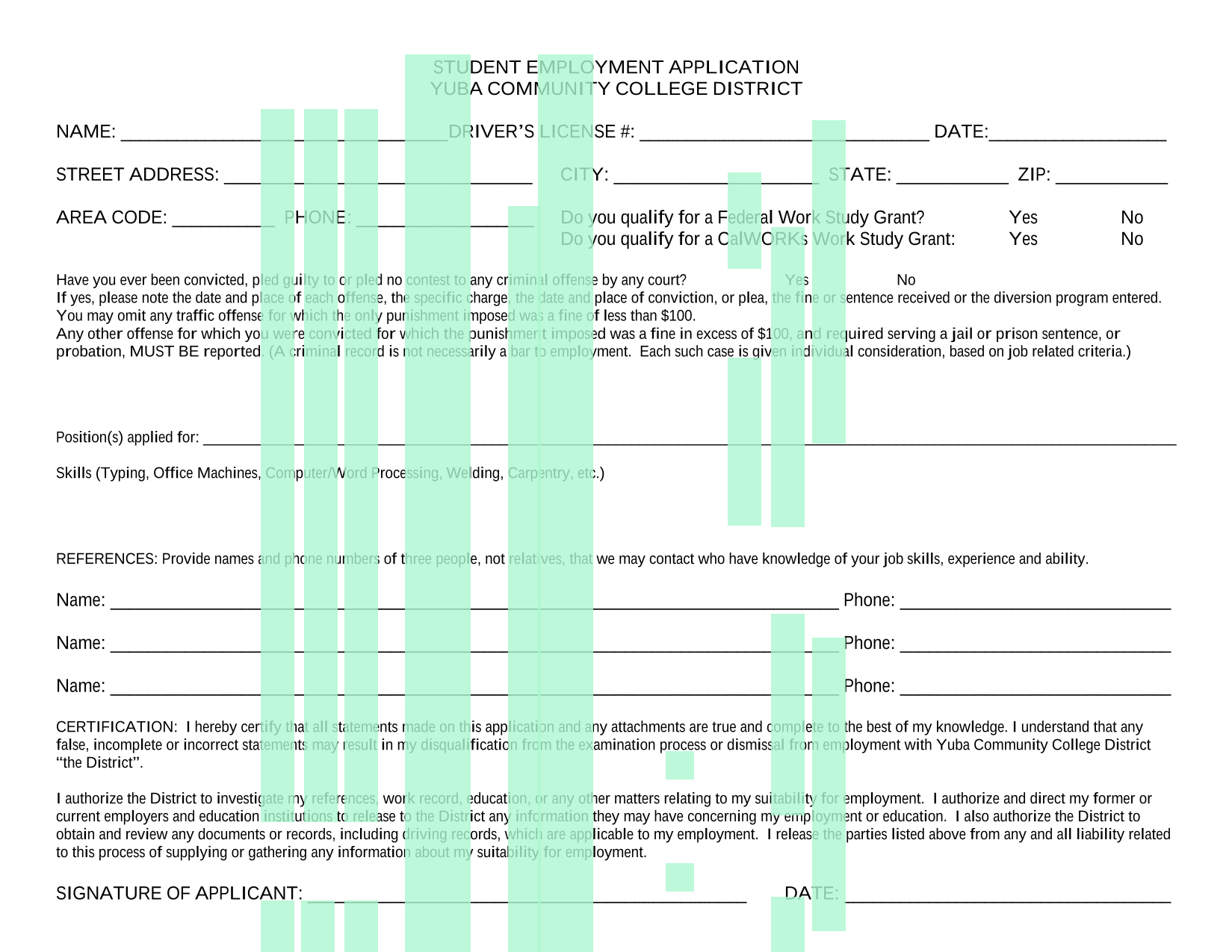 Student Employment Application screenshot