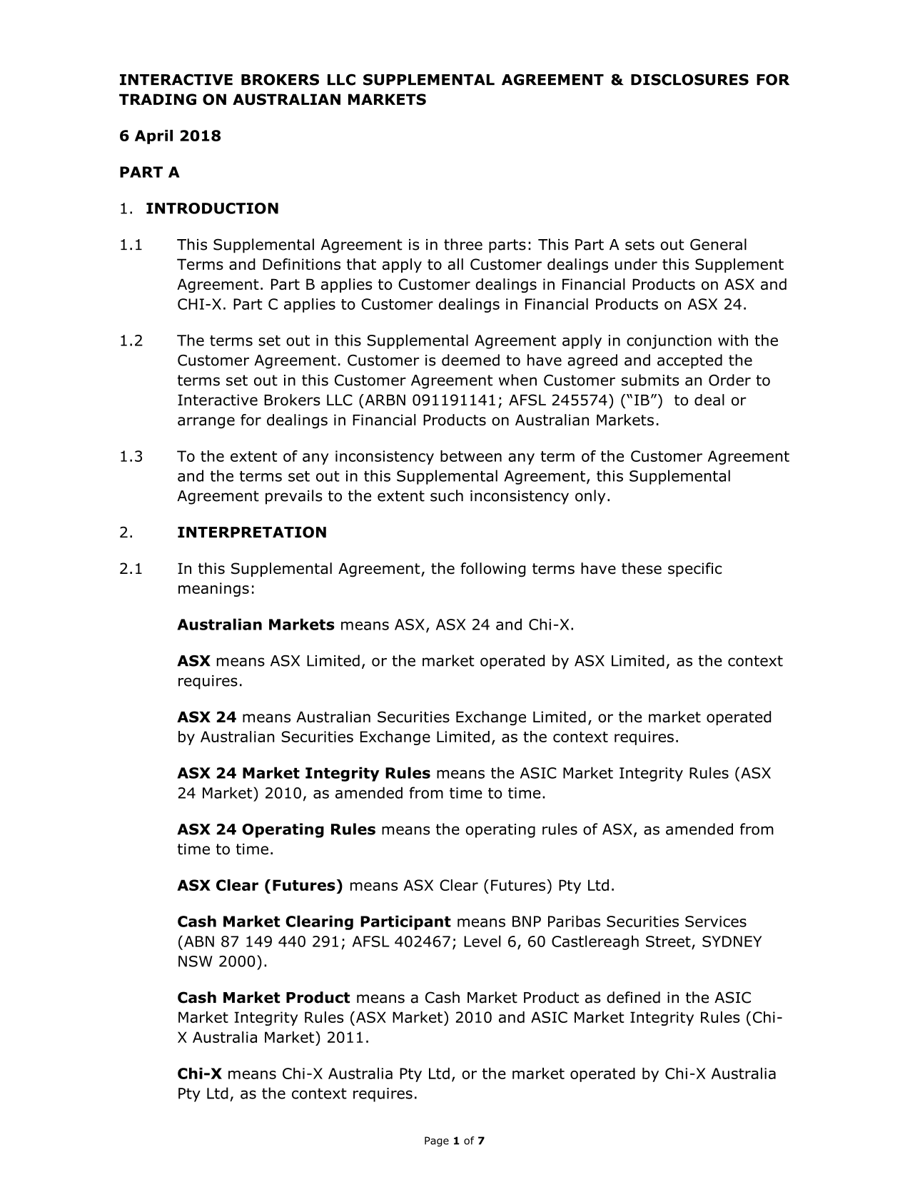 Interactive Brokers LLC Supplemental Agreement  Disclosures For Trading On Australian Markets screenshot