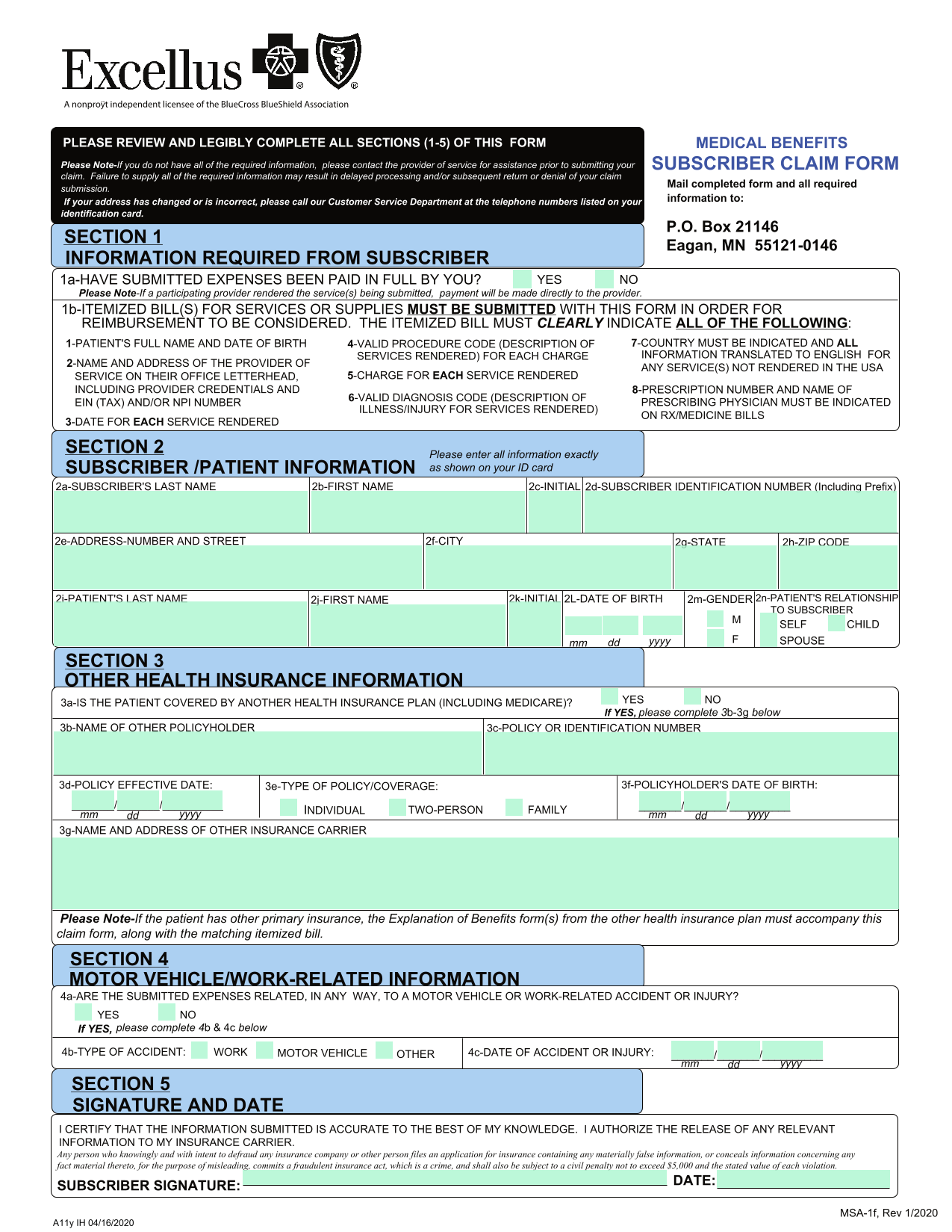 MEDICAL BENEFITS SUBSCRIBER CLAIM FORM screenshot