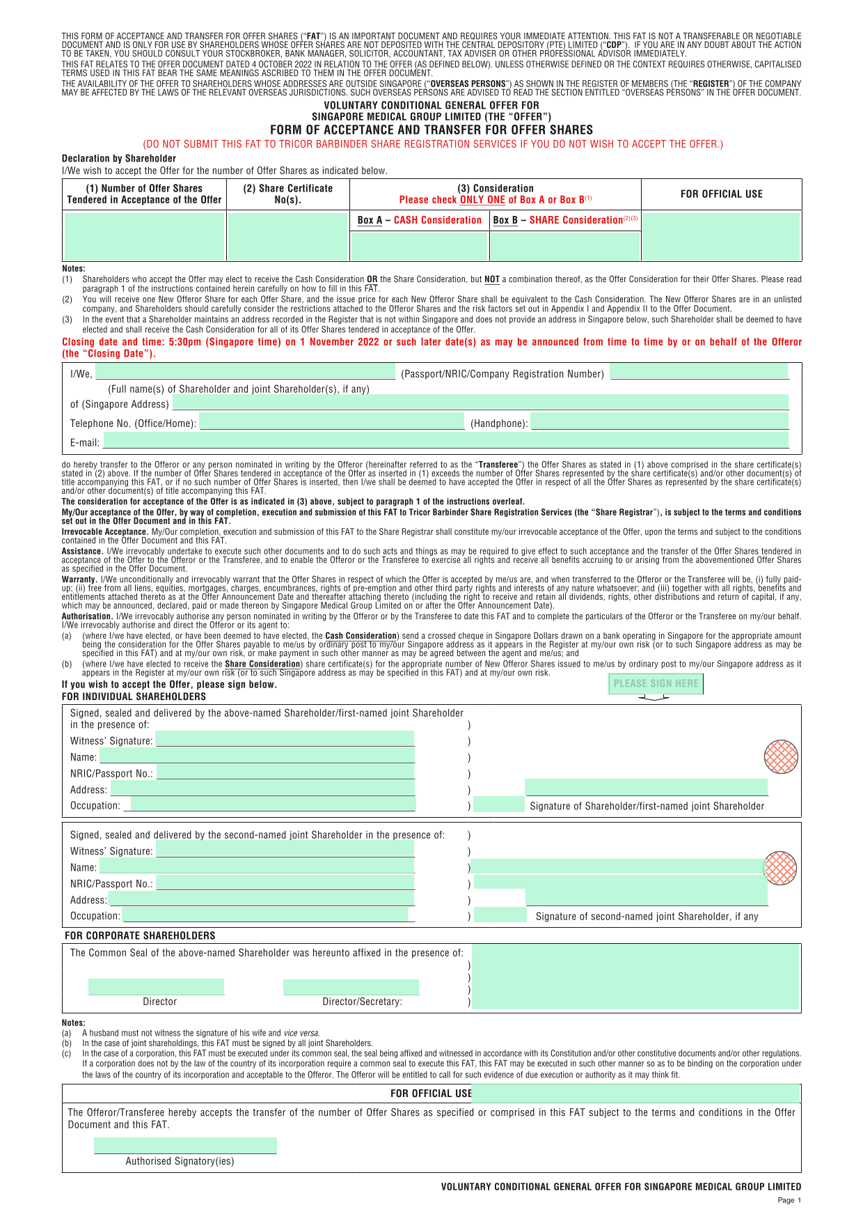 Form Of Acceptance And Transfer For Offer Shares (FAT) screenshot