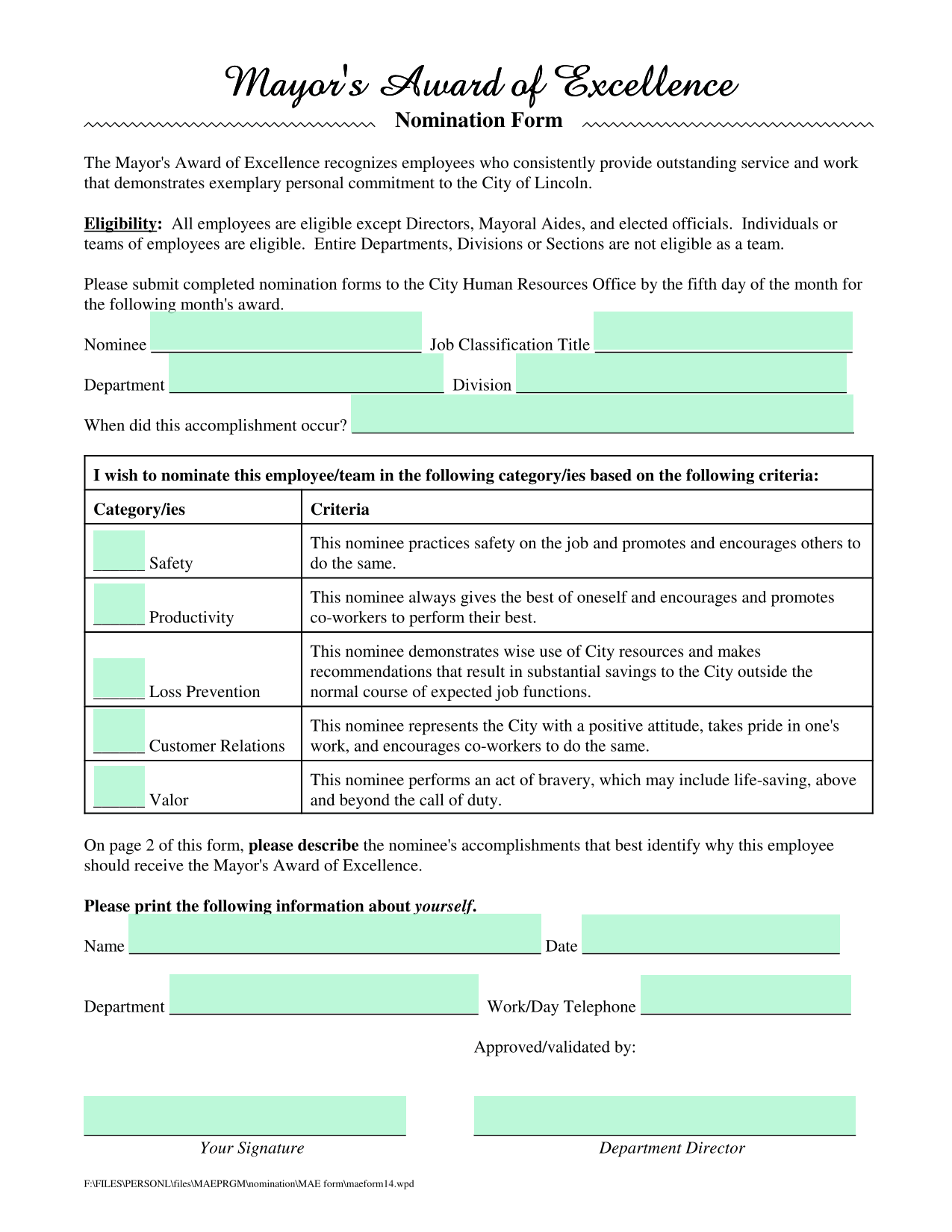 Nomination Form screenshot