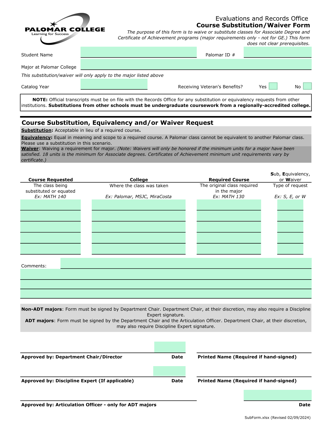 Course SubstitutionWaiver Form screenshot