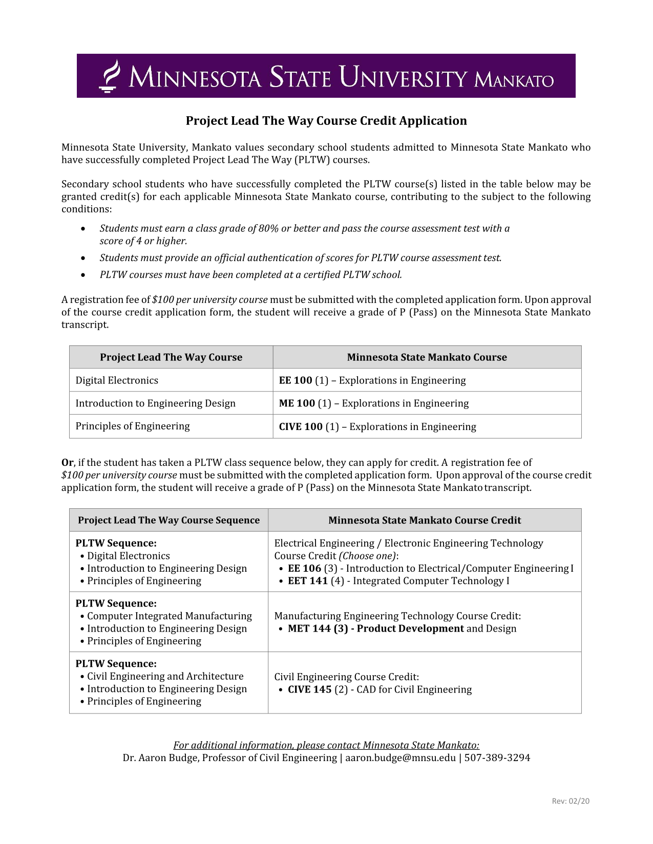 Project Lead The Way Course Credit Application screenshot