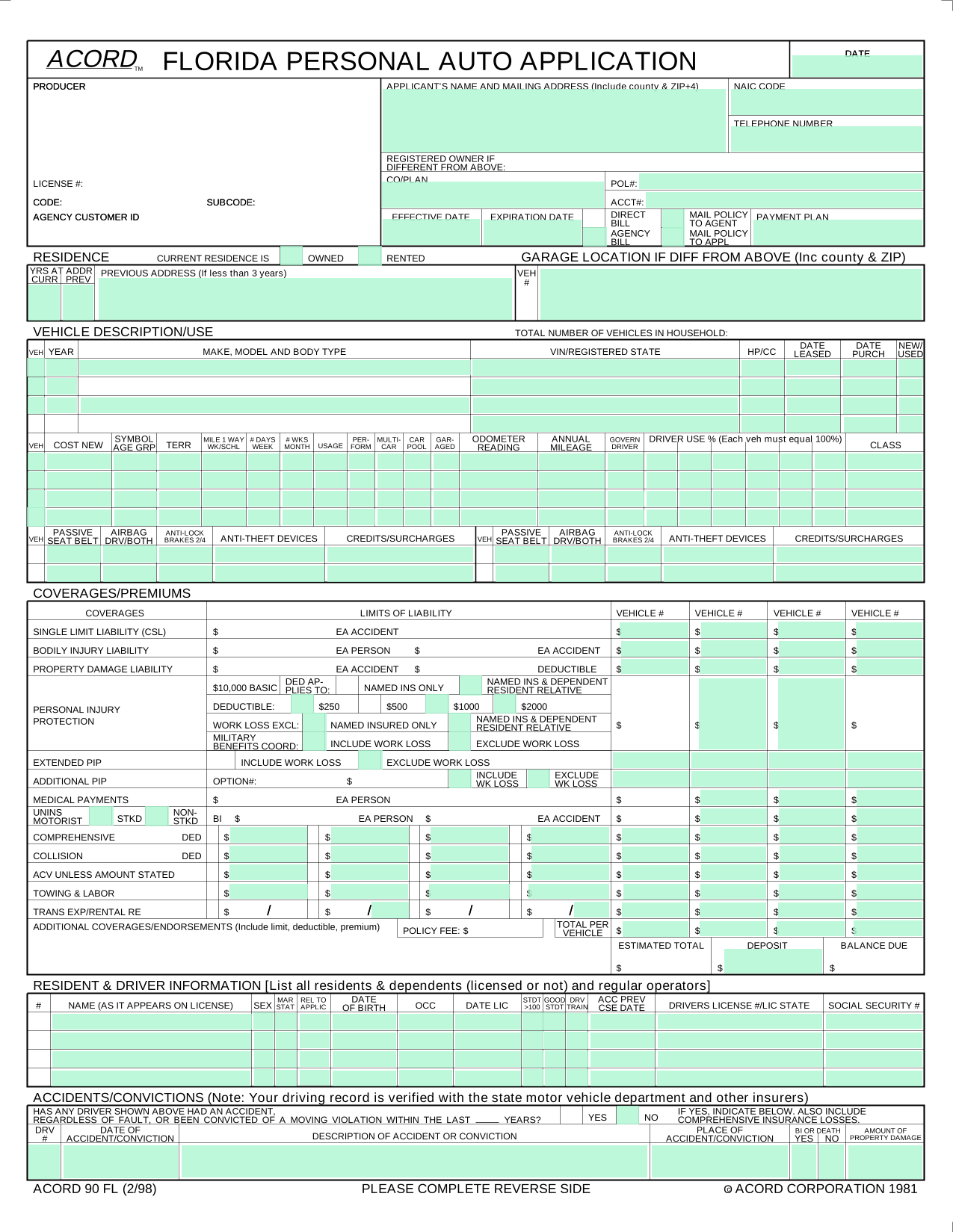 Florida Personal Auto Application (ACORD 90 FL) screenshot