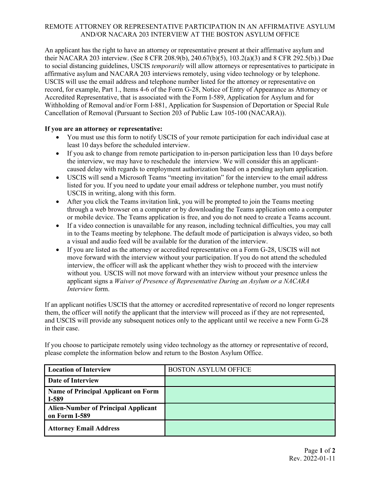 Remote Attorney Or Representative Participation In An Affirmative Asylum AndOr NACARA 203 Interview  screenshot