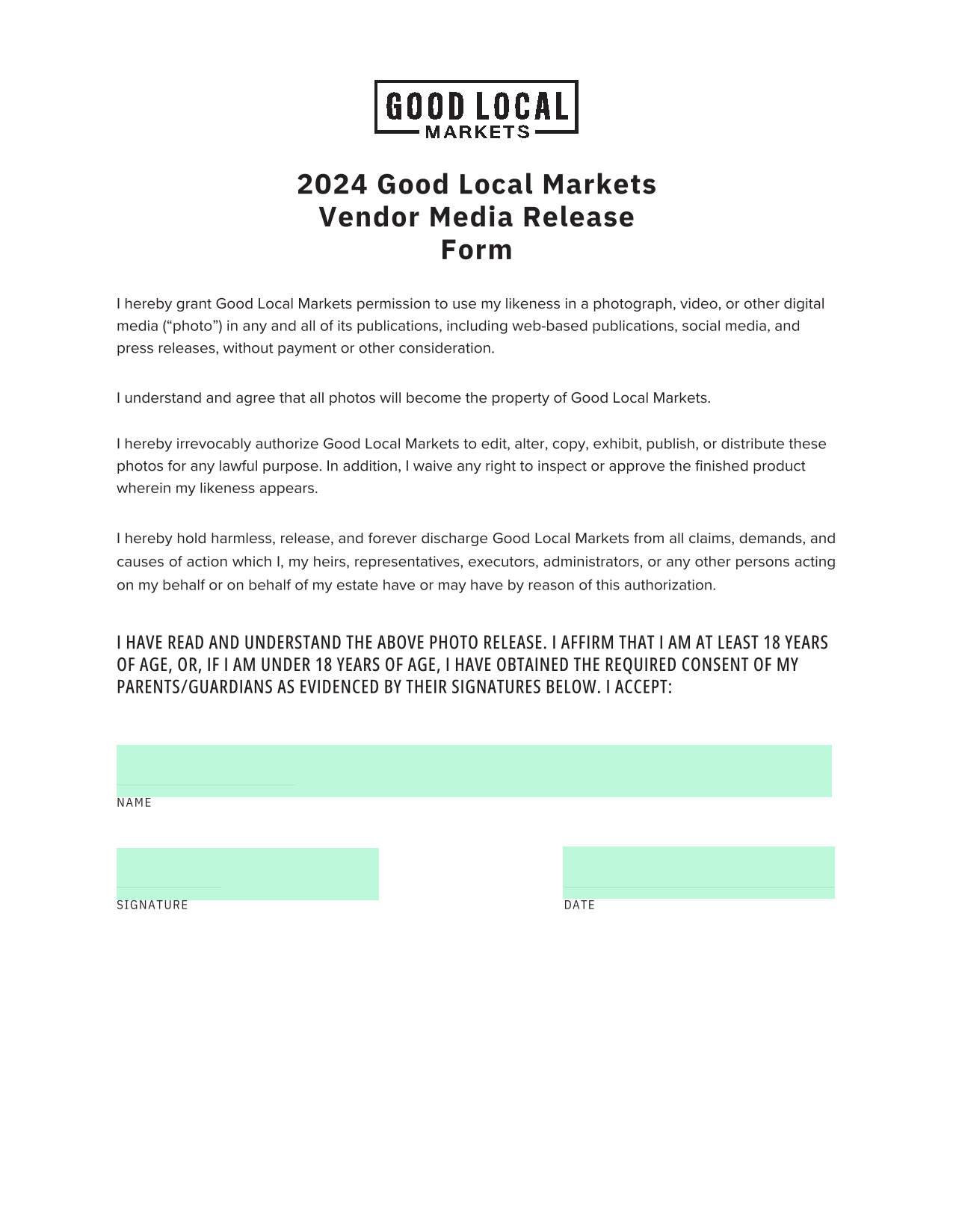 2024 Good Local Markets Vendor Media Release Form screenshot