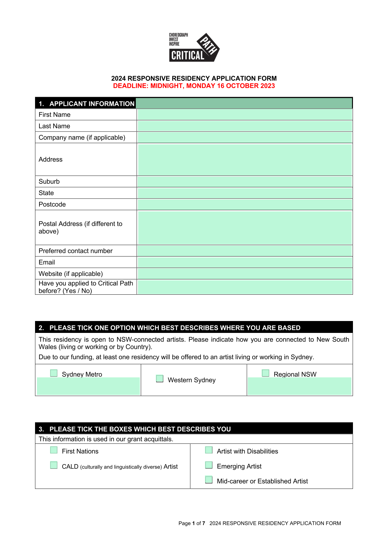 2024 RESPONSIVE RESIDENCY APPLICATION FORM screenshot