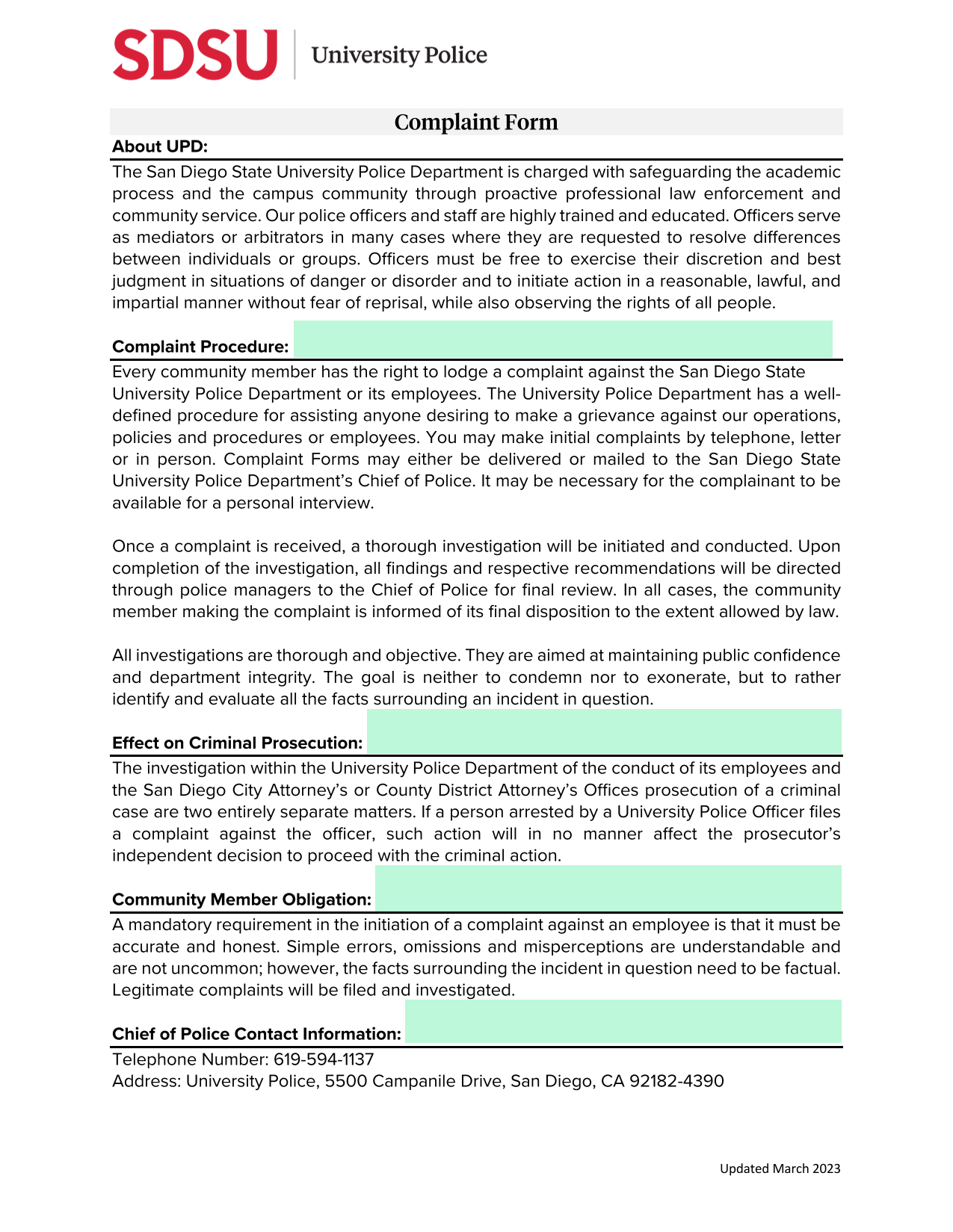Complaint Form screenshot