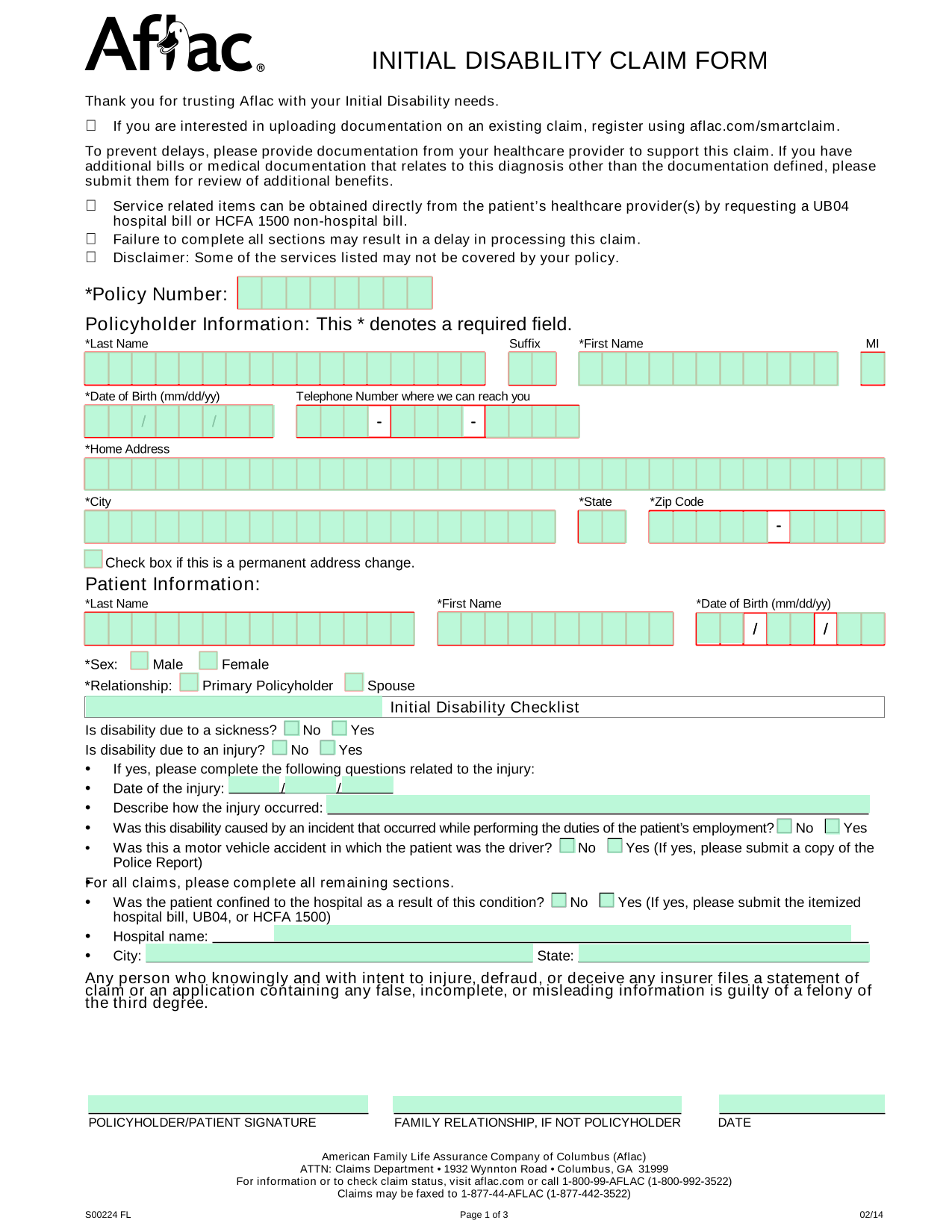 Initial Disability Claim Form screenshot