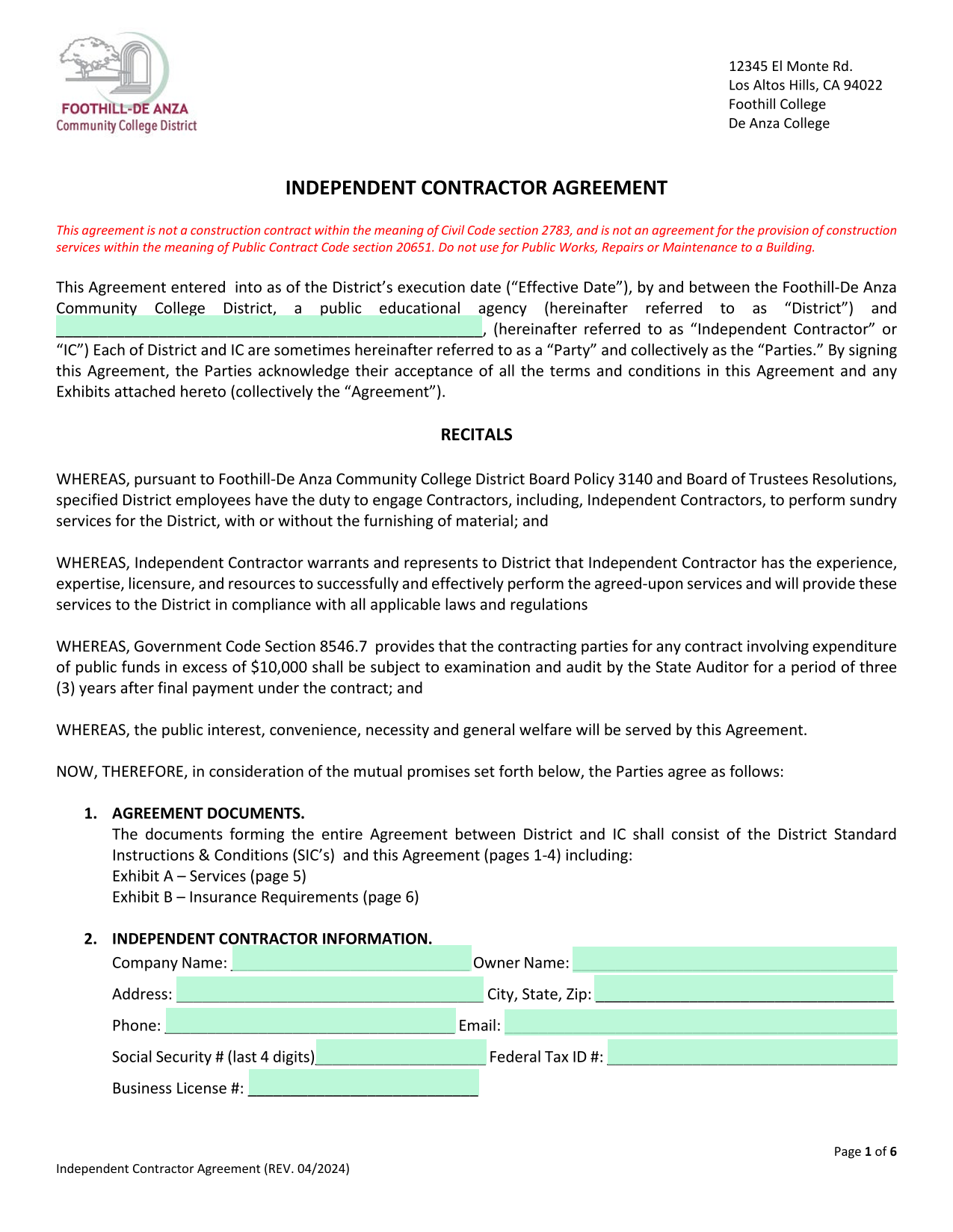 Independent Contractor Agreement screenshot